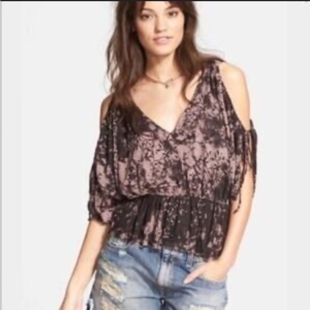 Free People  Medium Black and Pink Cold Shoulder Blouse bleached look gathered